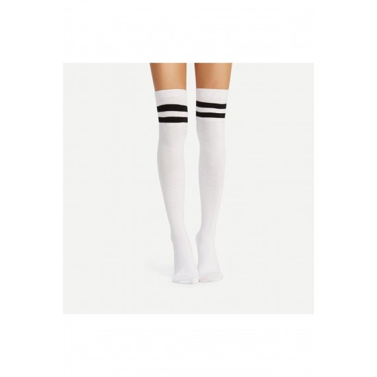 Dizüstü Çizgili Beyaz Çorap