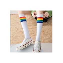 Uzun Beyaz Renkli Çizgili Çorap 