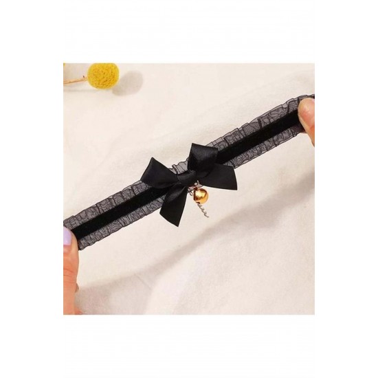 Siyah Şeritli Dantelli Zilli Choker Tasma Kolye Siyah Şeritli Dantelli Zilli Choker Tasma Kolye