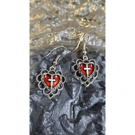 Gothic Cross Red Heart Küpe