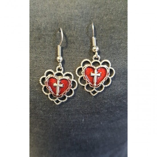 Gothic Cross Red Heart Küpe