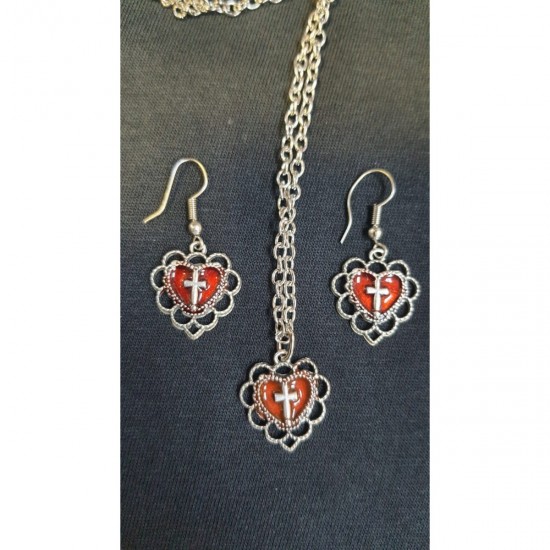 Gothic Cross Red Heart Kolye ve Küpe Set