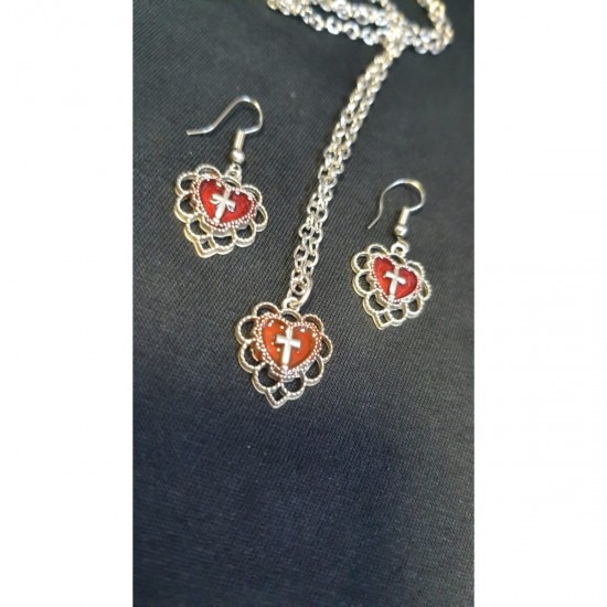 Gothic Cross Red Heart Kolye ve Küpe Set