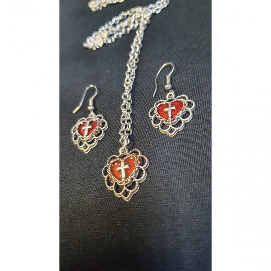 Gothic Cross Red Heart Kolye ve Küpe Set