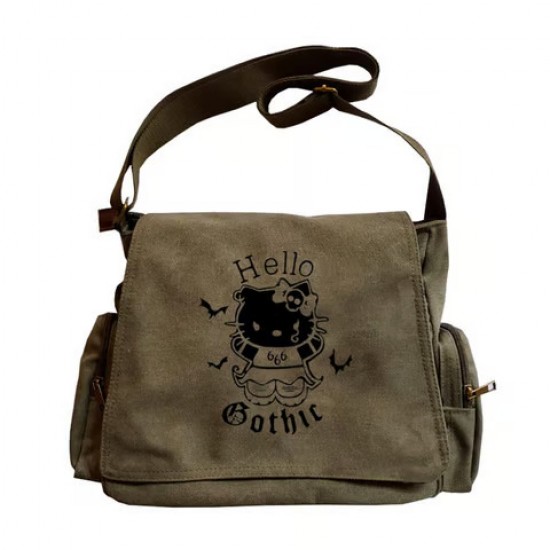 Hello Gothic Baskılı Unisex Yeşil Postacı Çantası