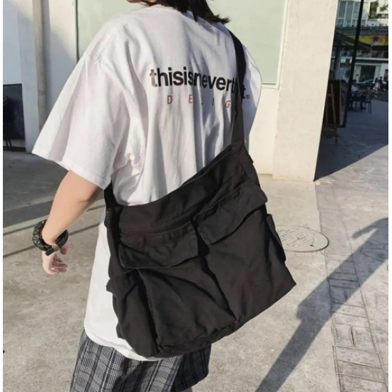 Vintage Unisex Kargo Cep İç Hacmi Geniş Siyah Postacı Çanta Vintage Unisex Kargo Cep İç Hacmi Geniş Siyah Postacı Çanta