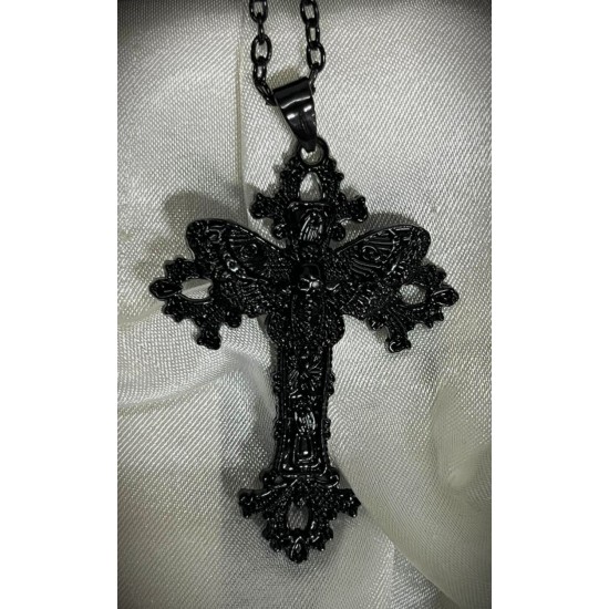 DÜKKAN DESİGN SİYAH  ÖLÜM BAŞLI KELEBEK HAÇI KOLYESİ