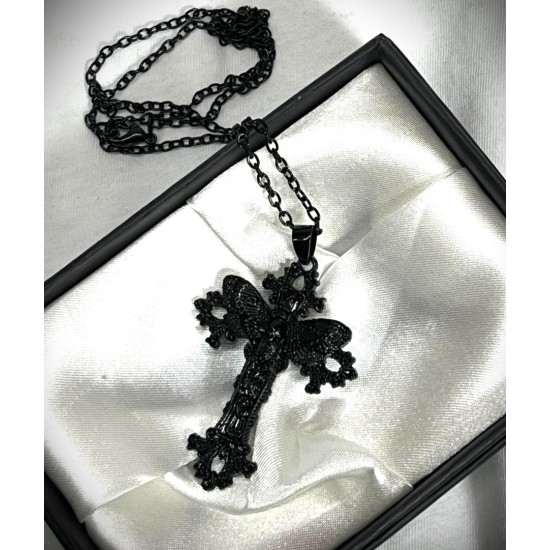 DÜKKAN DESİGN SİYAH  ÖLÜM BAŞLI KELEBEK HAÇI KOLYESİ