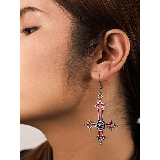 DÜKKAN DESİGN KIRMIZI LUCİFER TERS HAÇ KÜPE