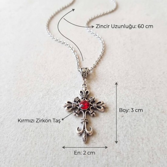 DÜKKAN DESİGN VİKTORYA DÖNEMİ KIRMIZI ZİRKON TAŞLI ZAMBAK HAÇ KOLYE